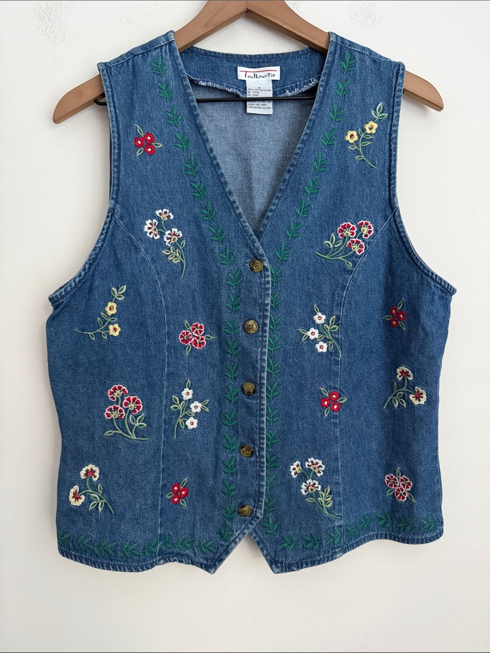 Talbots Denim button-front floral embroidery vest vintage cottage country wester
